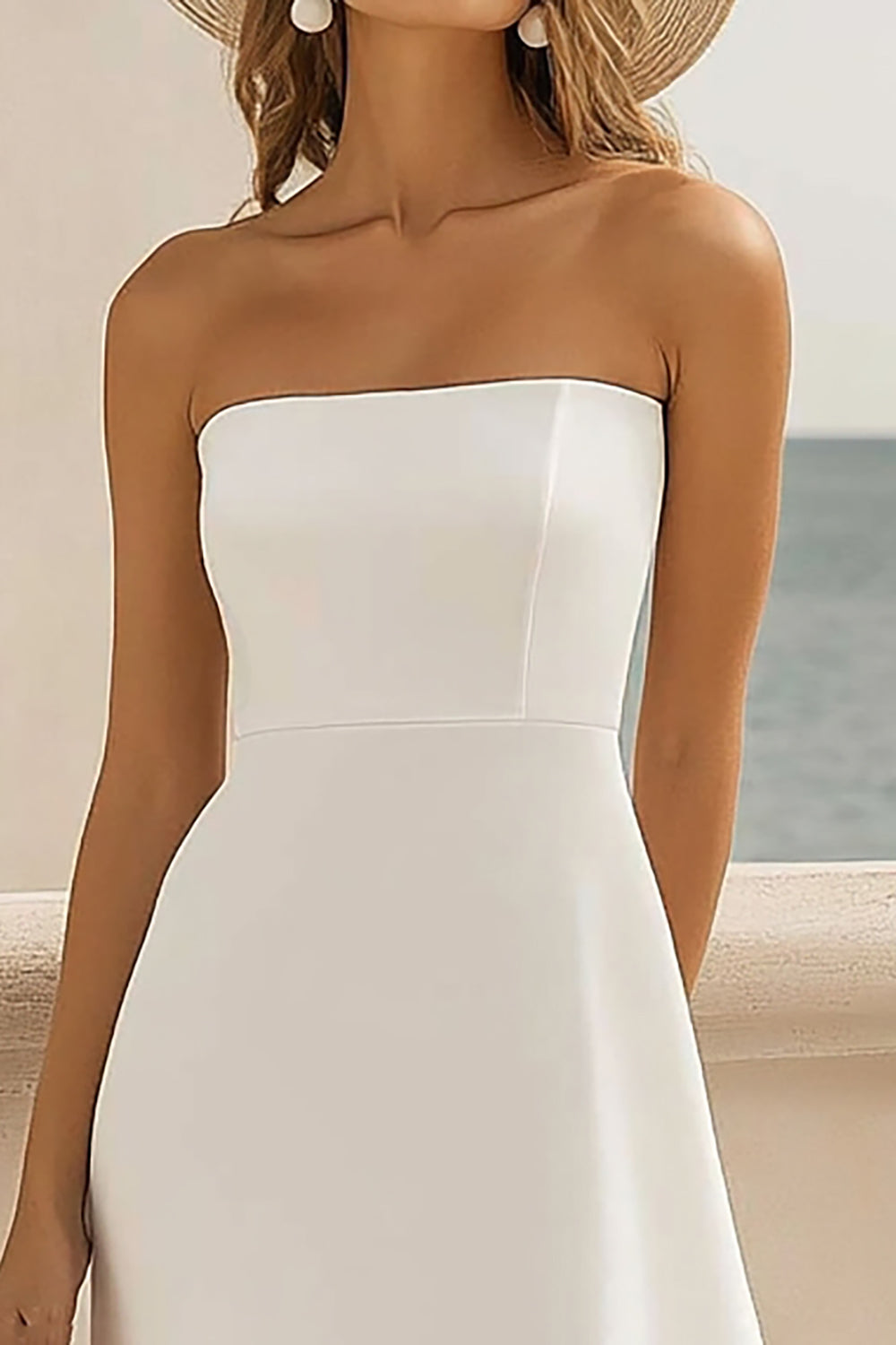 Branco Sem Alças Assimétrico Vestido de Noiva com Folhos