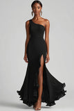 Vestidos Cerimónia com Fenda Chiffon Preto Longo Um Ombro Sereia