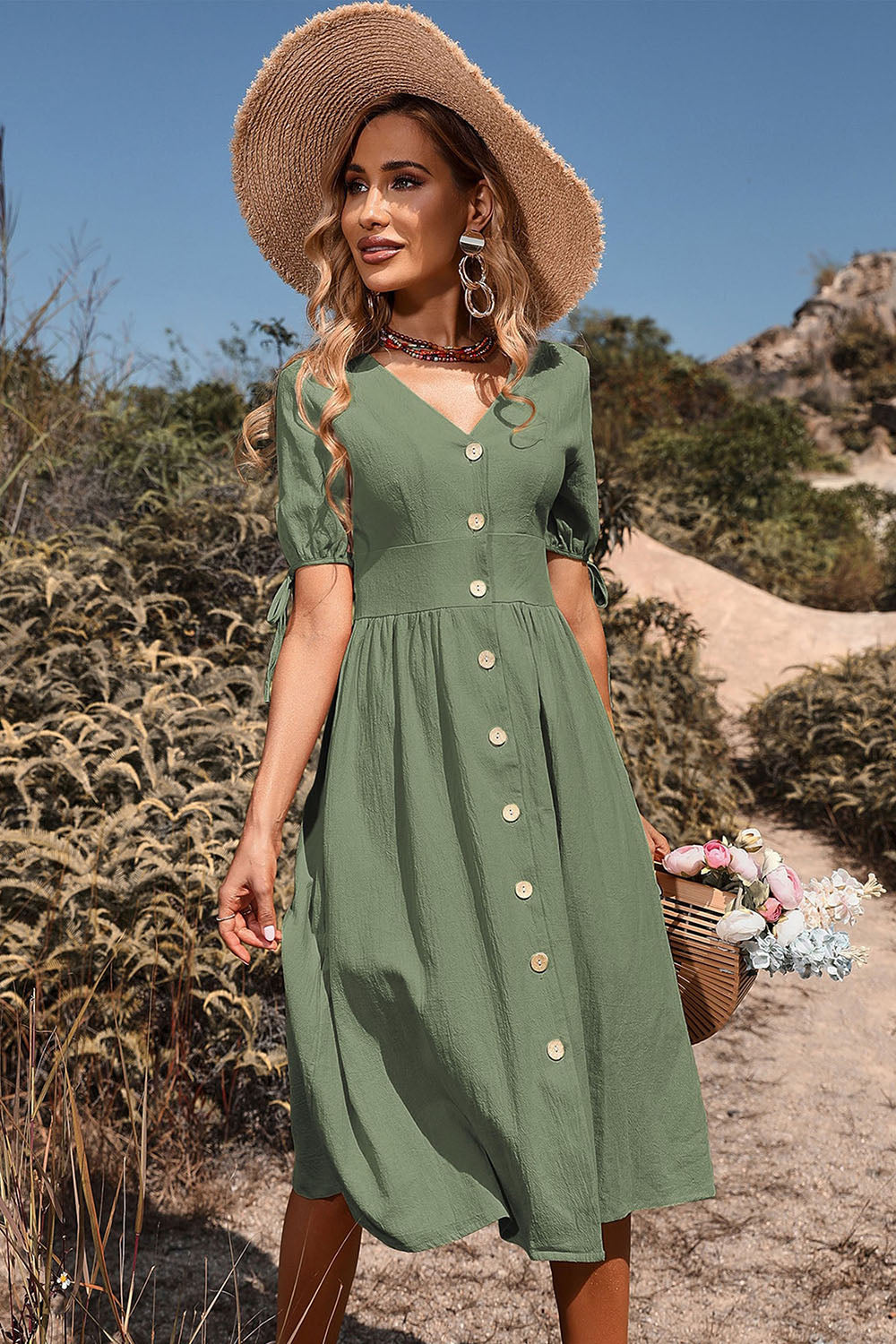 Preto Decote em V Mangas Curtas Vestido de Verão