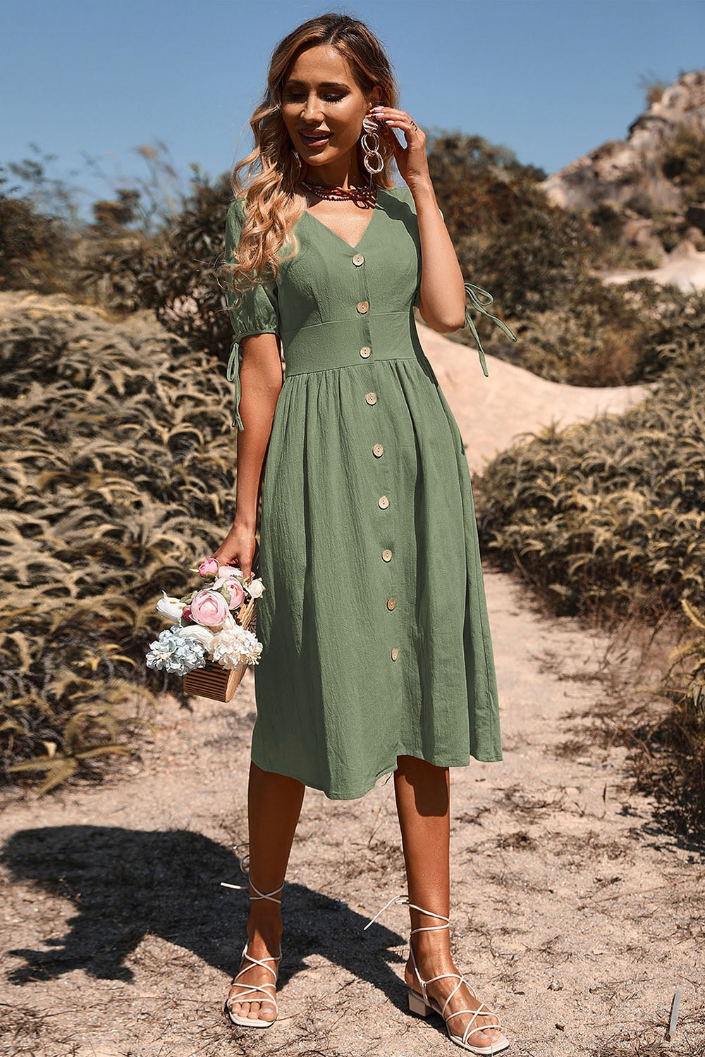 Preto Decote em V Mangas Curtas Vestido de Verão