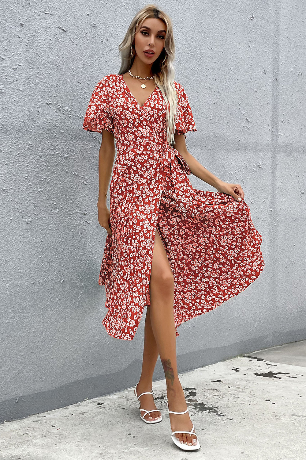 Floral Decote em V Vermelho Vestido Verão com Fenda