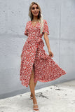 Floral Decote em V Vermelho Vestido Verão com Fenda