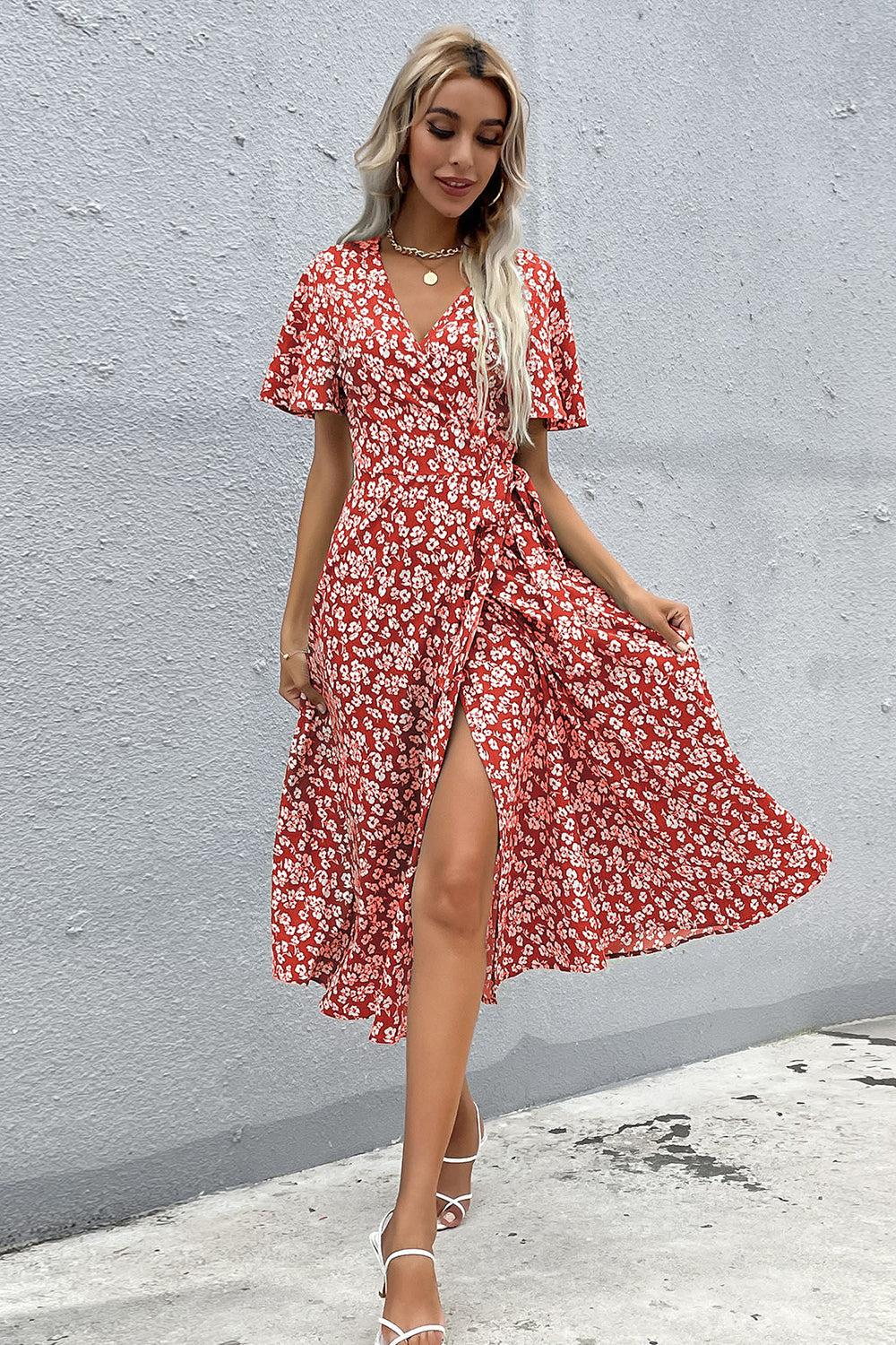Floral Decote em V Vermelho Vestido Verão com Fenda