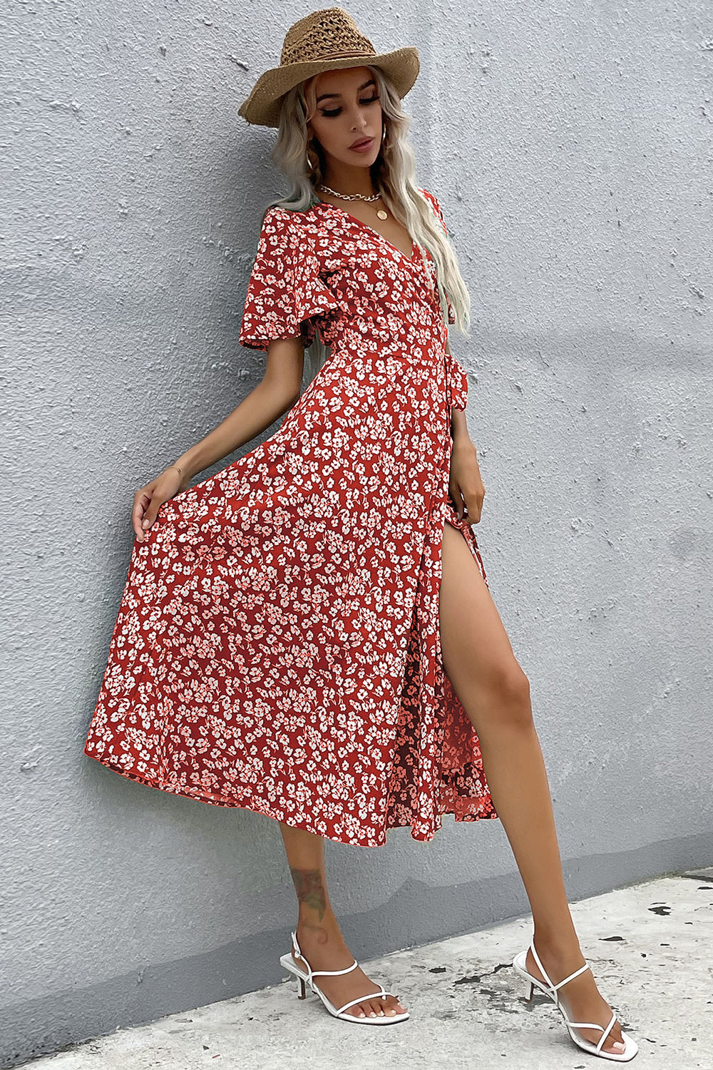 Floral Decote em V Vermelho Vestido Verão com Fenda