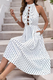 Vestido Verão Branco Preto Polka Dot Midi Cabeçada Linha-A