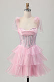 Cintas cor-de-rosa brilhantes Bow Corset Tiered Beaded Homecoming Dress