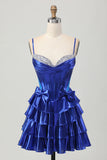 Metalizado A-line Tiered Corset Short Homecoming Dress com laços