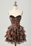 Khaki Leopard A-line Sweetheart Tiered Corset Vestido Curto Homecoming