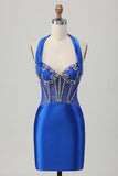 Royal Blue Bodycon Halter Backless Cetim Homecoming Vestido com strass
