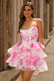 Rosa Floral A-Line Espartilho Sem Alças Homecoming Dress com Sequins