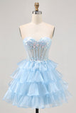 Tiered Sequin Blue Strapless Corset Homecoming Vestido