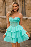Espartilho sem alças A Line Green Homecoming Dress com Missangas