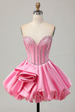 Rosa Bodycon Querida Cetim Corset Homecoming Dress com strass