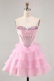Tiered Beaded A Line Strapless Short Pink Homecoming Dress