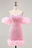 Sparkly Off The Shoulder Pink Sequins Vestido Apertado Homecoming