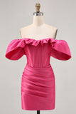 Cetim fora do ombro Fuchsia babado apertado Homecoming Dress