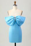 Blue Strapless Ruched Tight Homecoming Dress com renda-up para trás