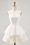 Branco Cetim Espartilho Sem Alças Uma Linha Vestido Curto Homecoming
