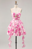 Branco Fuchsia Flor Halter Tiered Vestido Homecoming Impresso