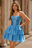 Espartilho sem alças azul Tiered A-Line Short Homecoming Dress