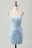 Blue Bodycon Corset Sequins Vestido Curto Homecoming com Flores 3D