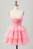 Bonito Blush A-Line Strapless Cut out Tiered Vestido Curto Homecoming