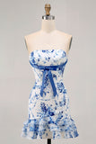 Branco Azul Flor Bodycon Strapless Impresso Vestido Curto Homecoming
