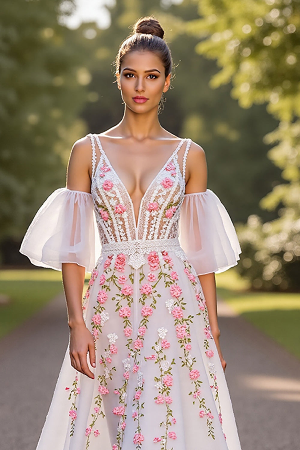 Branco Floral V Pescoço Uma Linha Vestido de Noiva com mangas destacáveis