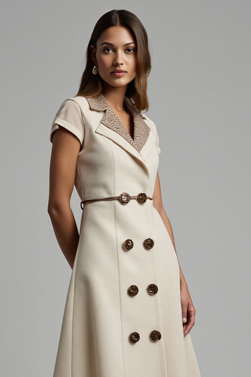 Damasco Cetim Lapela Entalhada Midi Vestido Trabalho com Mangas