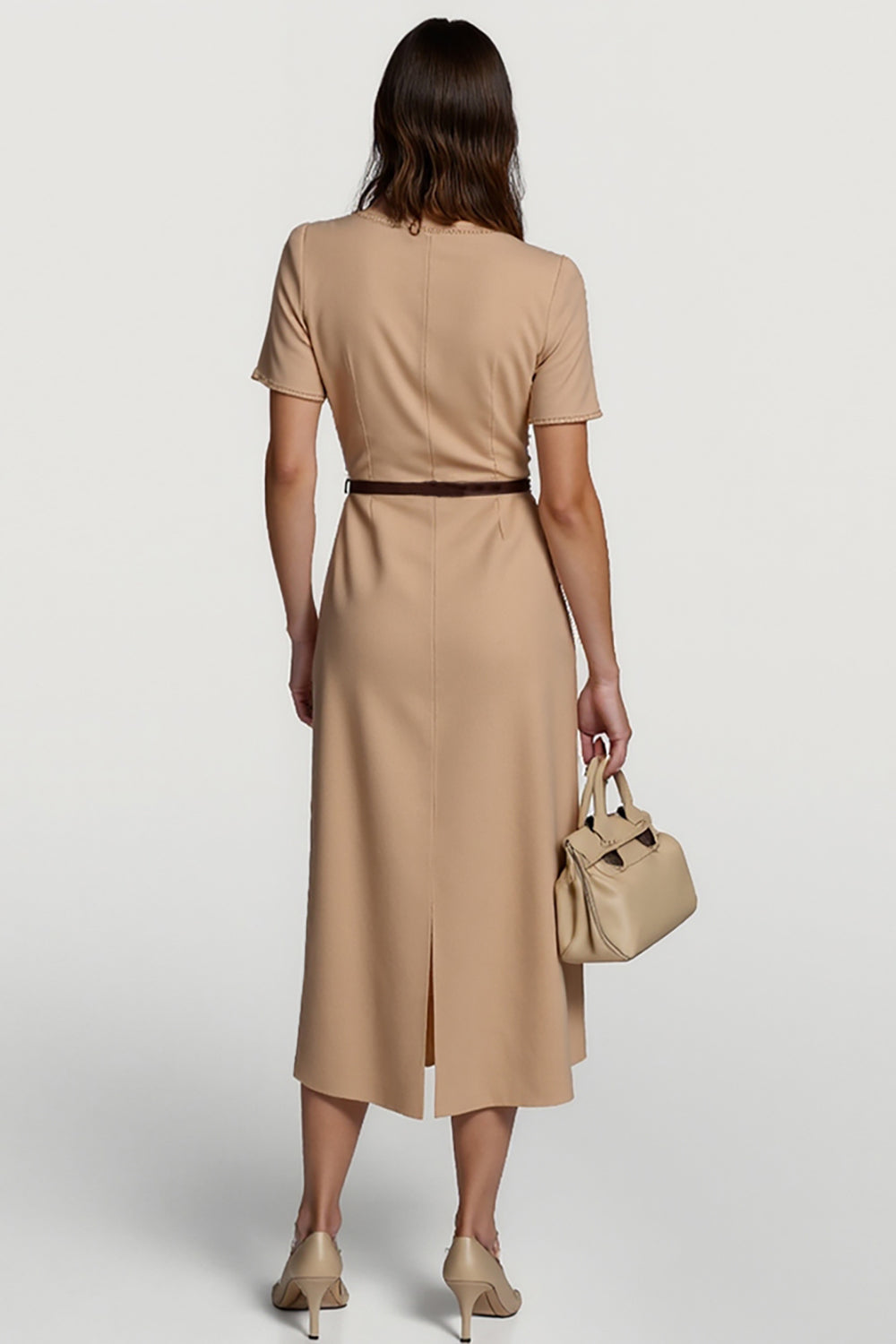 Camel cetim bodycon midi vestido de trabalho com mangas