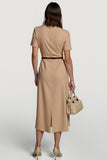 Camel cetim bodycon midi vestido de trabalho com mangas
