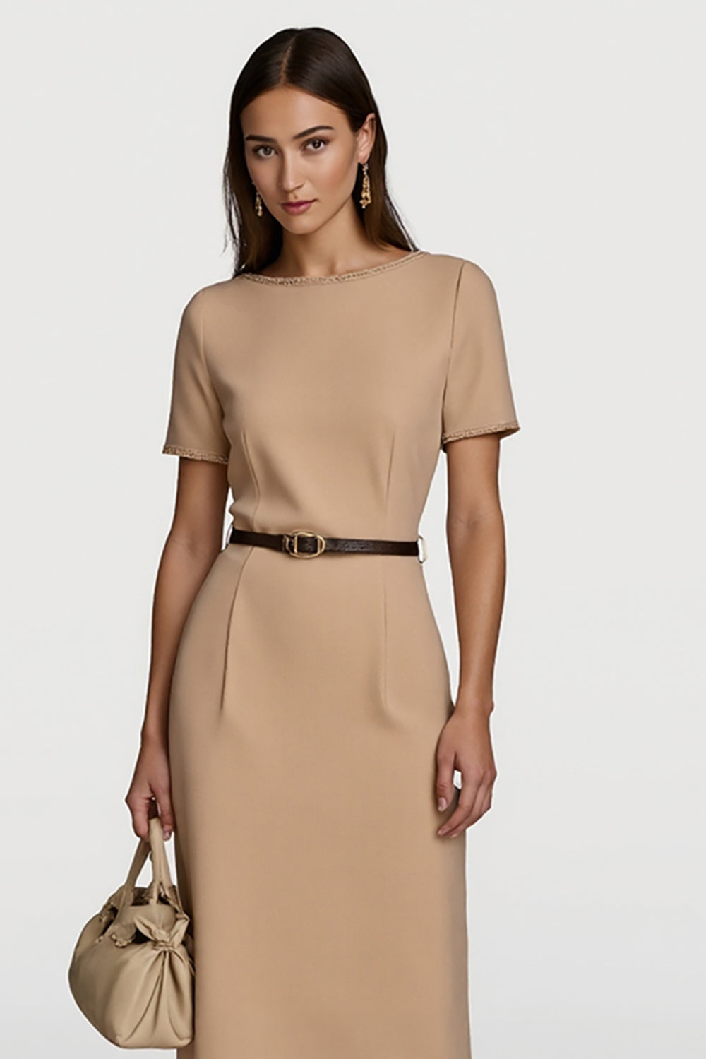 Camel cetim bodycon midi vestido de trabalho com mangas