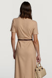 Camel cetim bodycon midi vestido de trabalho com mangas
