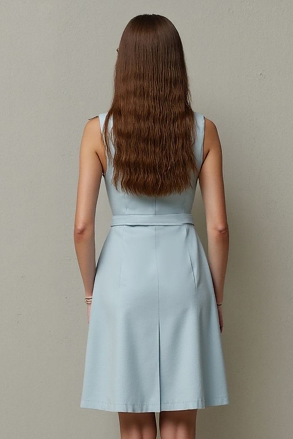 Azul Claro Lápis Sem Mangas Belt Mini Vestido Trabalho