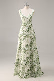 Espartilho de flor verde Um vestido de dama de honra linha com babados