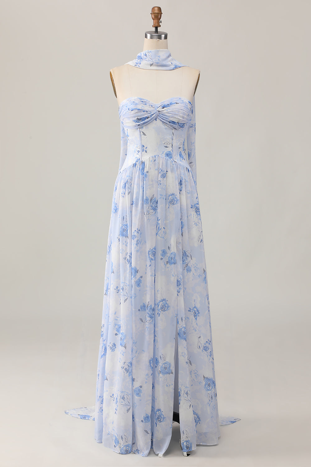 Strapless Blue Flower A-Line Vestido de Noiva Estampado com Fenda