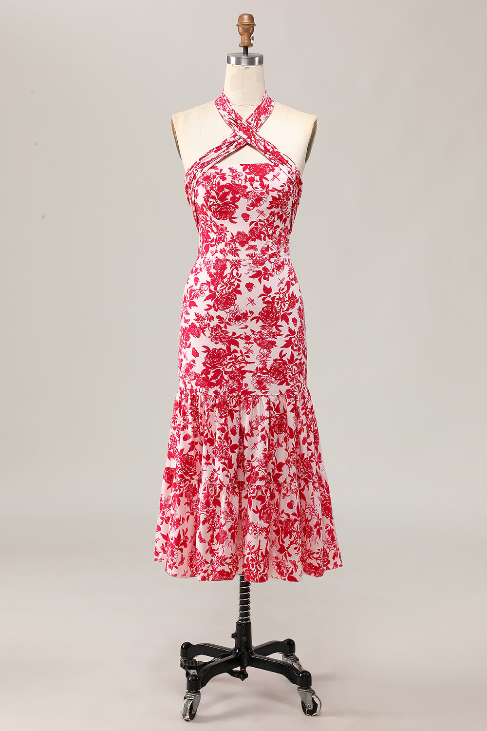 Sereia Halter Estampado Flor Vermelha Midi Vestido de Noiva Convidado