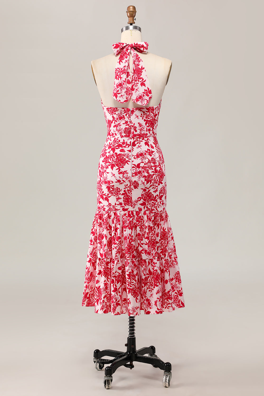 Sereia Halter Estampado Flor Vermelha Midi Vestido de Noiva Convidado