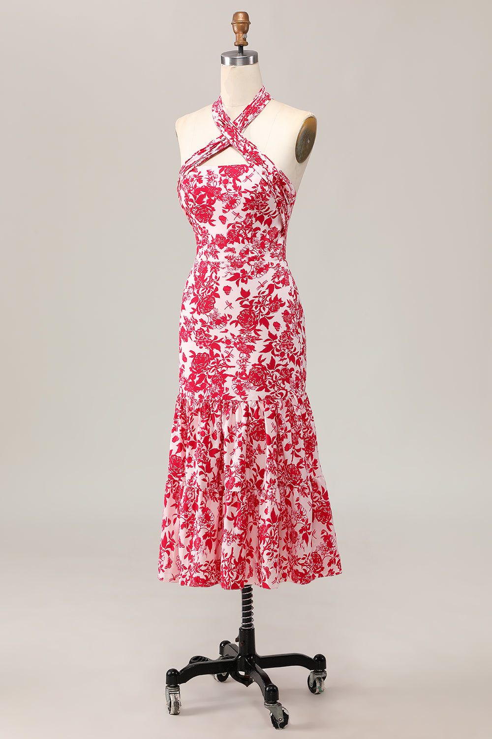 Sereia Halter Estampado Flor Vermelha Midi Vestido de Noiva Convidado