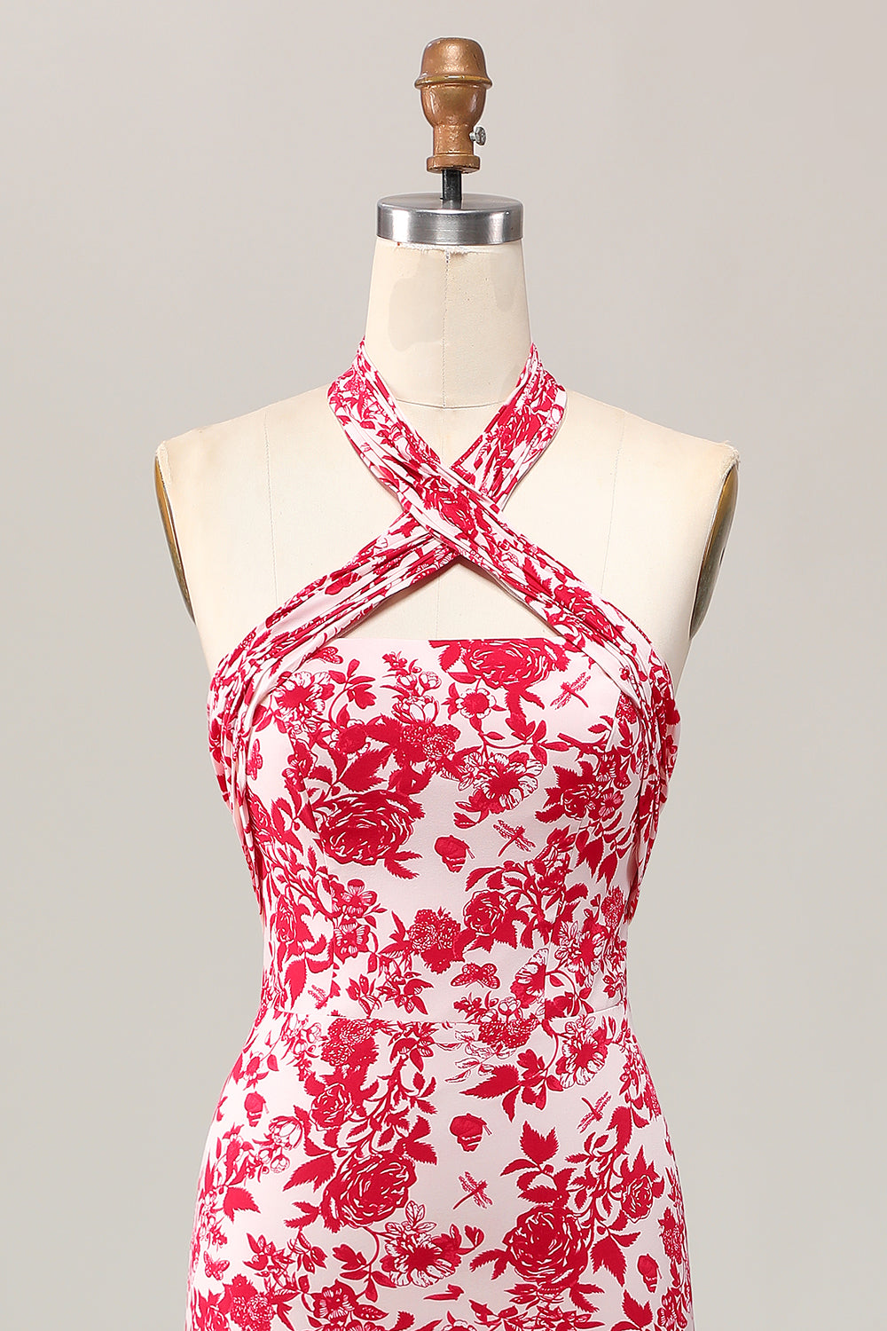 Sereia Halter Estampado Flor Vermelha Midi Vestido de Noiva Convidado