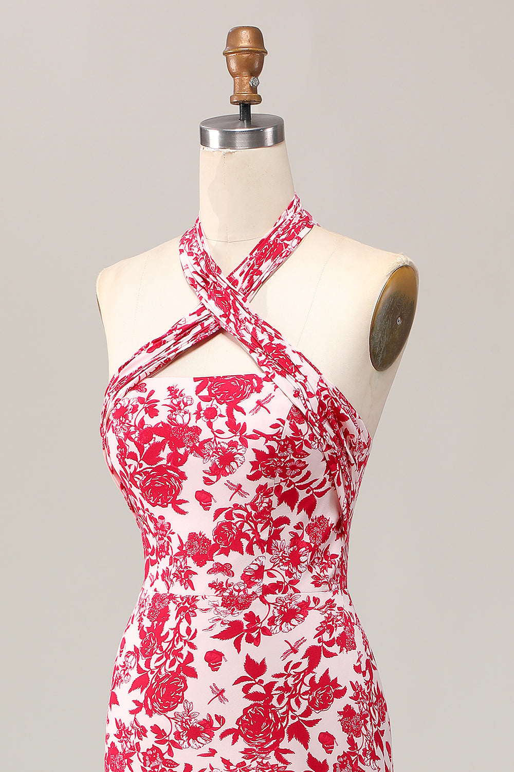 Sereia Halter Estampado Flor Vermelha Midi Vestido de Noiva Convidado