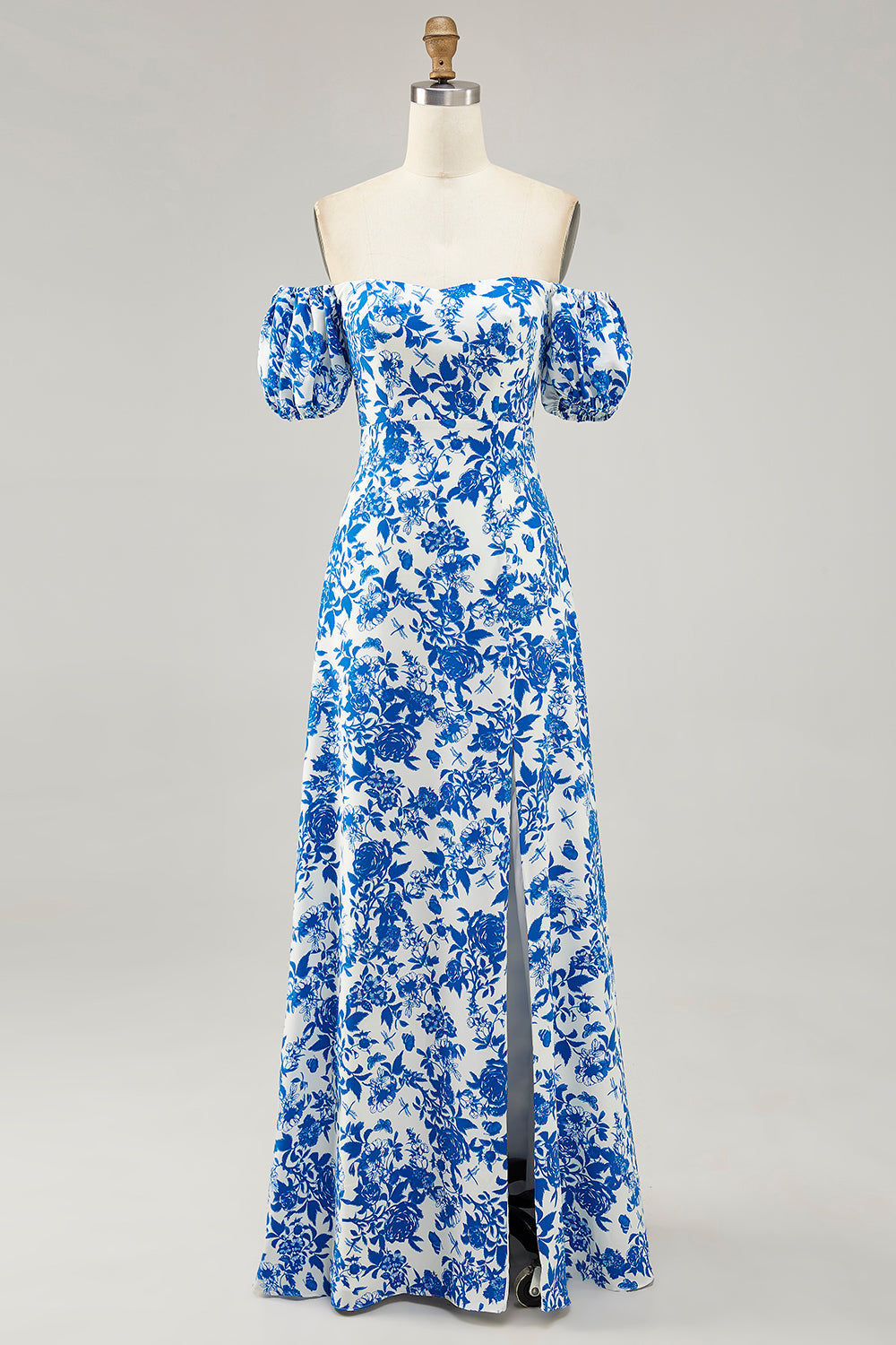 Fora do ombro azul floral estampado vestido de noiva convidado com fenda