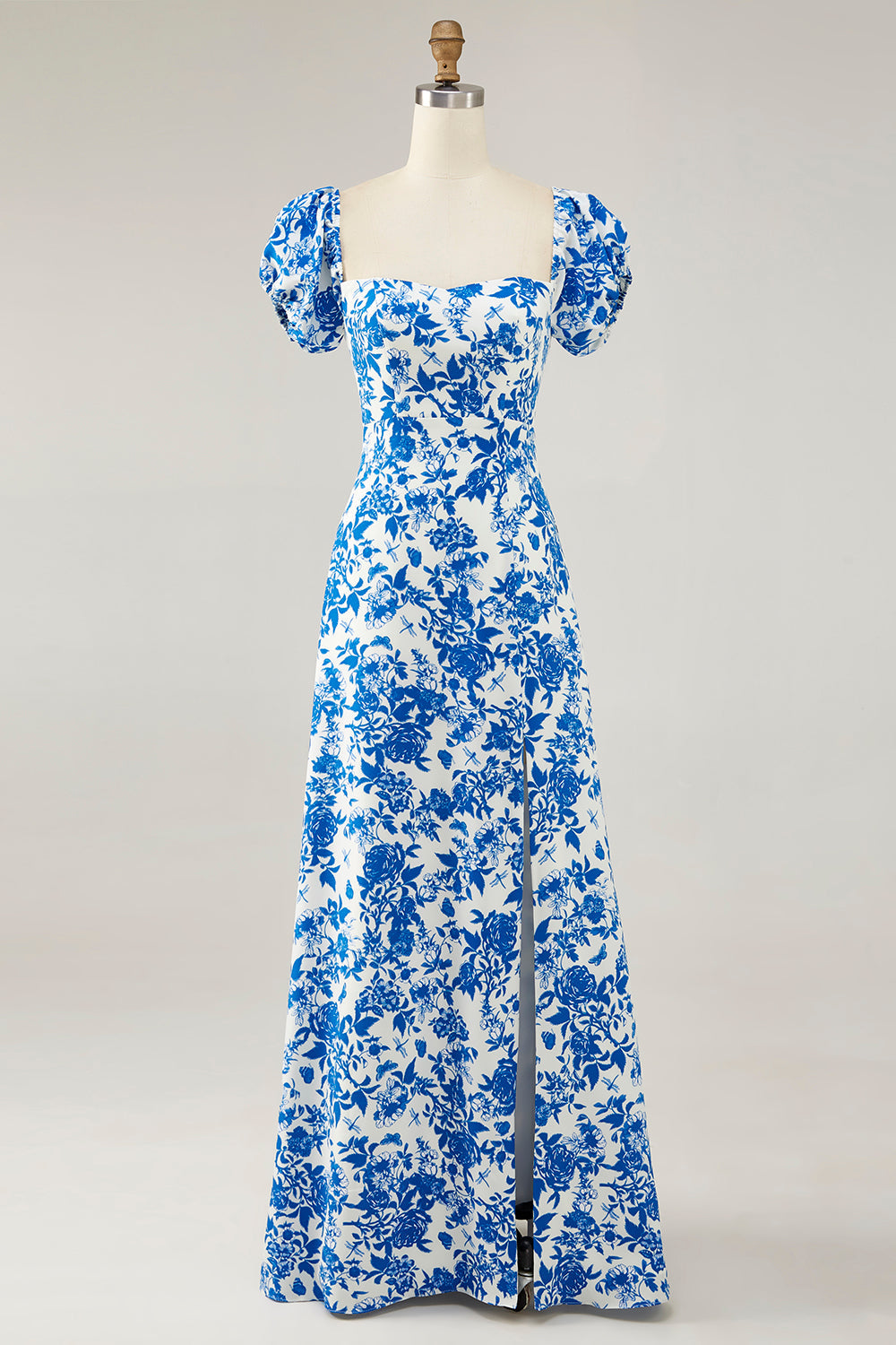 Fora do ombro azul floral estampado vestido de noiva convidado com fenda