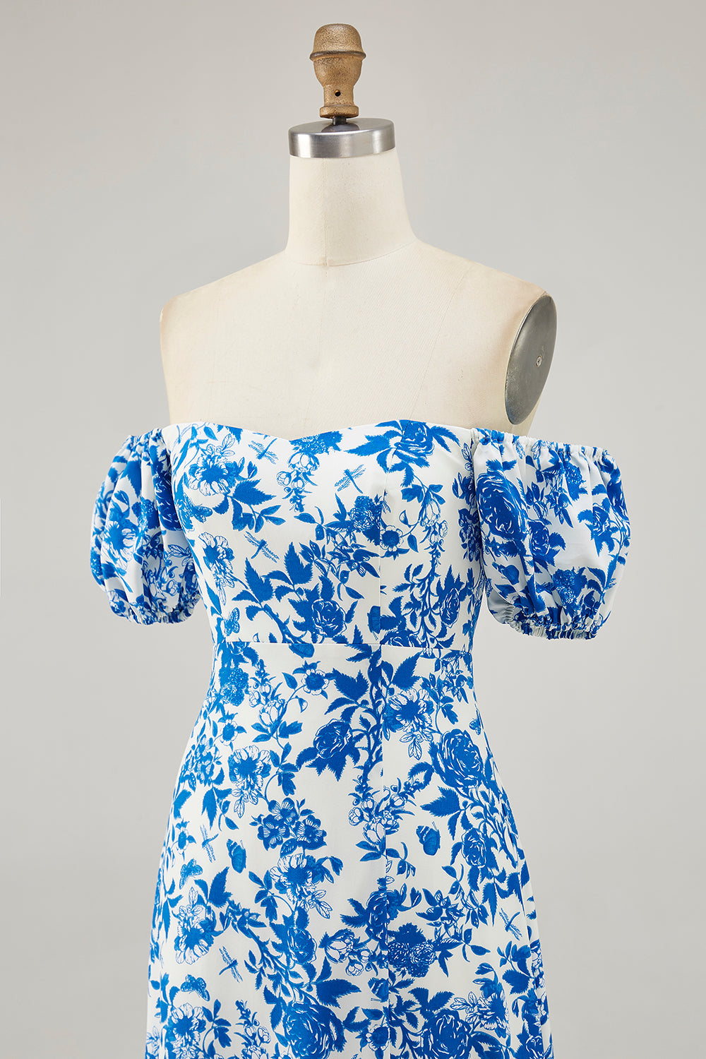 Fora do ombro azul floral estampado vestido de noiva convidado com fenda