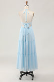 Sky Blue Halter Uma Linha Long Wedding Guest Dress