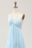 Sky Blue Halter Uma Linha Long Wedding Guest Dress