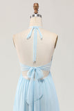 Sky Blue Halter Uma Linha Long Wedding Guest Dress