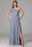 Vestidos Para Casamento Convidada com Fenda Azul Cinzento Longo Um Ombro