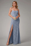 Dusty Blue Sheath Espaghetti Correias Vestido Madrinha com Fenda