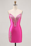 Fuchsia Strapless friso bodycon Homecoming vestido com fenda